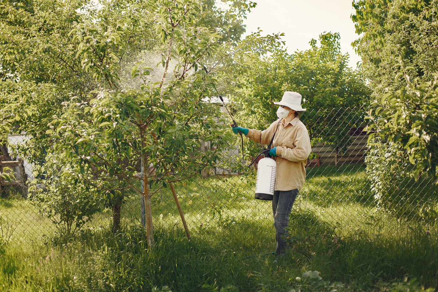 A local exterminator in protective gear spraying pest control treatment along a Dana Point home